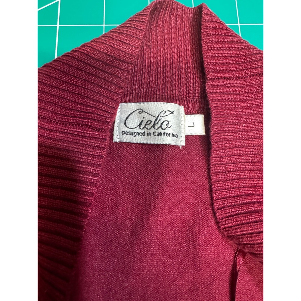 Cielo Womens Burgundy Open Front Longline Cardigan Sweater Ribbed Trim Pockets L